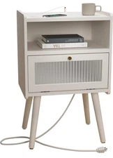 Mid Century Modern Nightstand with Charging Station, Bedside Tables with Glas...