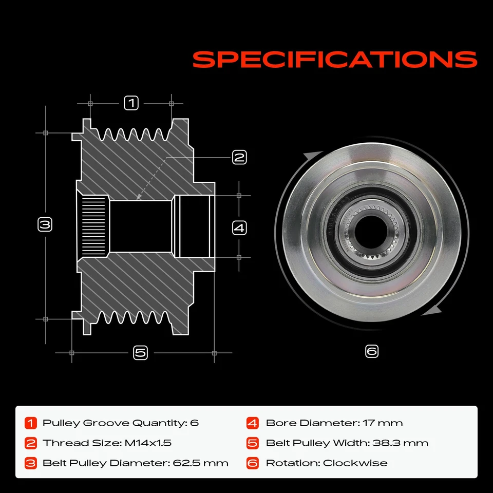 Polea de embrague alternador para Hyundai Sonata Kia Optima 2,4 L 6 ranuras en el sentido de las agujas del reloj Foto 2 de 4