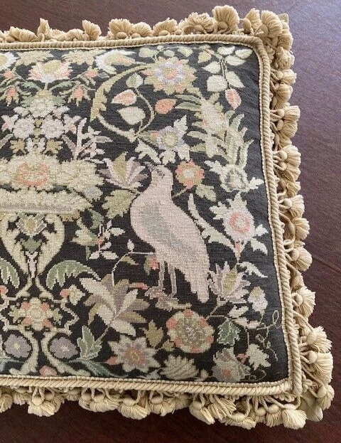 PETIT POINT PILLOW, 24” X 20” WILLIAM MORRIS CUSHION BLK W/CREAM BIRDS & FLORAL - Image 4 of 4