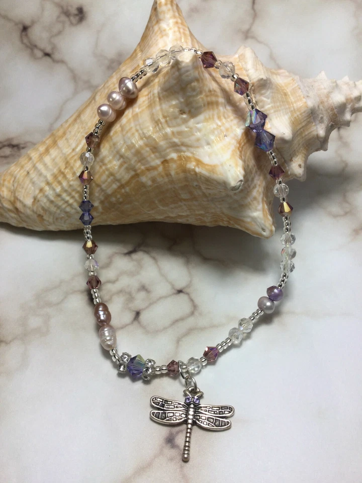 Pulseira/tornozeleira de cristal roxo de cura feita à mão com elementos Swarovski EUA - Imagem 2 de 3