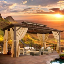 12x20ft Hardtop Gazebo Heavy Duty Hot Tub Gazebo with Flame-Resistant Curtains