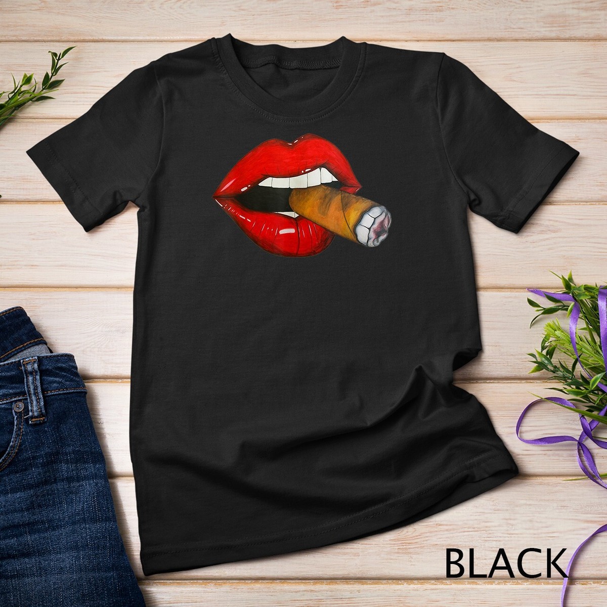 トップス master-u Sexy Women Smoke Cuban Cigar Lit Red Lips Smoking Cigar T-Shirt