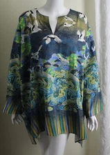 Citron Santa Monica Sz 3X Blue Greens CRANE Art-to-Wear Blouse Tunic Shirt Top
