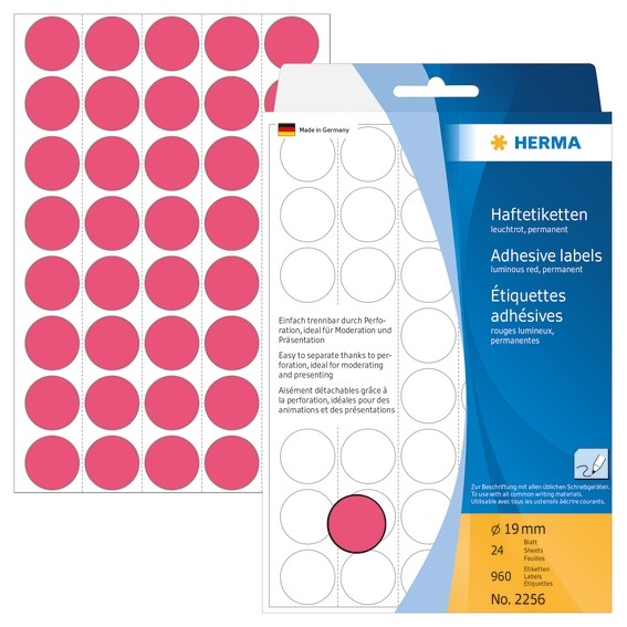 Herma 2256 Vielzwecketiketten/Farbpunkte Ø 19 Mm Rund Leuchtrot Papier Matt TräG-image