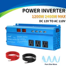 1200W Pure Sine Wave Inverter 12V DC to AC 110V with 3 AC Outlets + 4 USB Ports