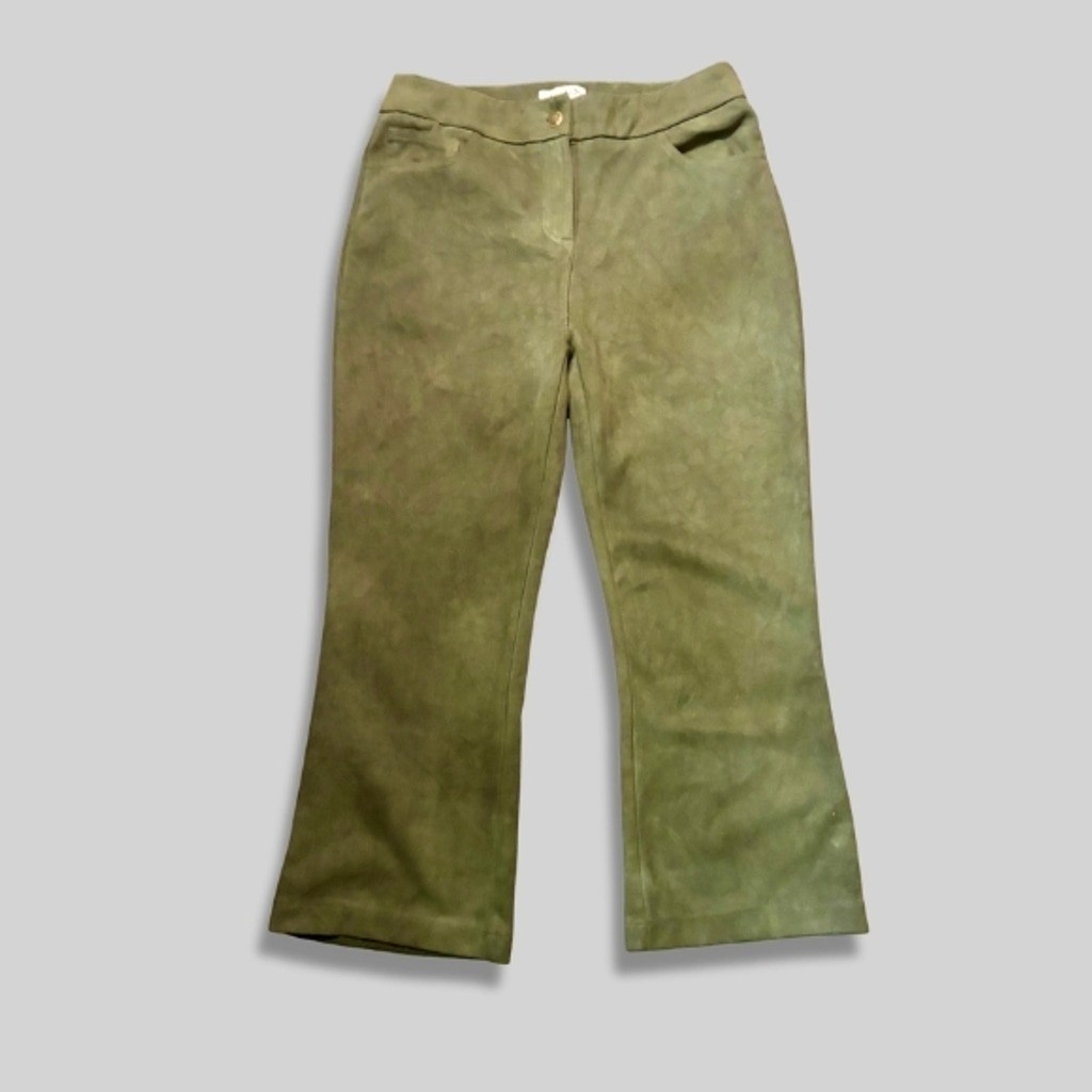 Nanette Lepore Kick Crop Pants Faux Suede Boot Cut Leg Mid Rise Olive Green W M