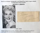 TELEVISION RADIO POP SINGER VOCALIST MINDY CARSON 1950s HOTEL AUTOGRAPH SIGNED