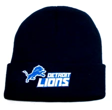 Detroit Lions flat applique logo on Black beanie  cap hat. See details