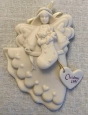 Vtg 1993 KB Designs Bisque Angel Ornament, 4-1/8"L Stocking & Hearts, Christmas