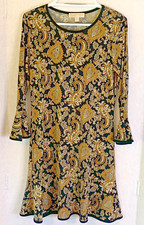 NWT Michael Kors Merigold Black w/Gold Print Dress w/Bell Sleeves Size Medium