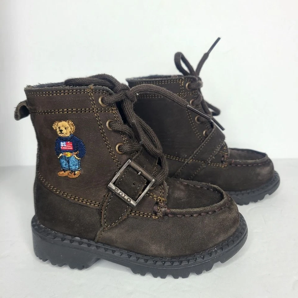 Polo Ralph Lauren 男孩皮革麂皮绒熊游骑兵战斗高筒靴深棕色 6 码 — 第 2/4 张图片
