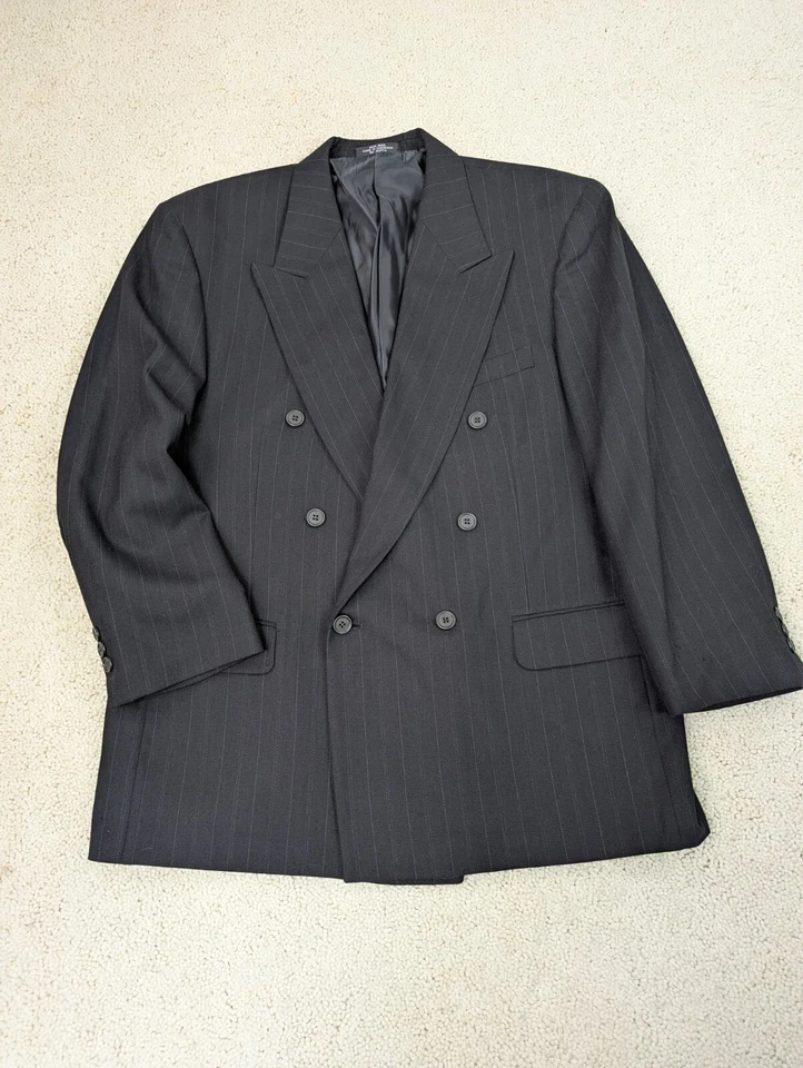 Traje Para Hombre 42S 34x25 Negro Rayas Lana Doble Pecho 2 Piezas Chaqueta Pantalones Foto 2 de 4