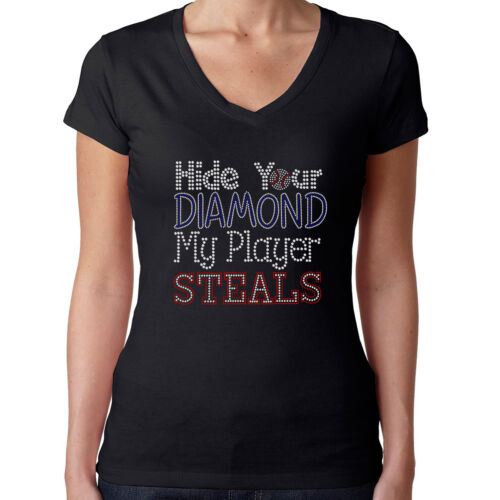 Womens T-Shirt Rhinestone Bling Black Fitted Tee Hide Diamond Steels Baseball - Afbeelding 1 van 7