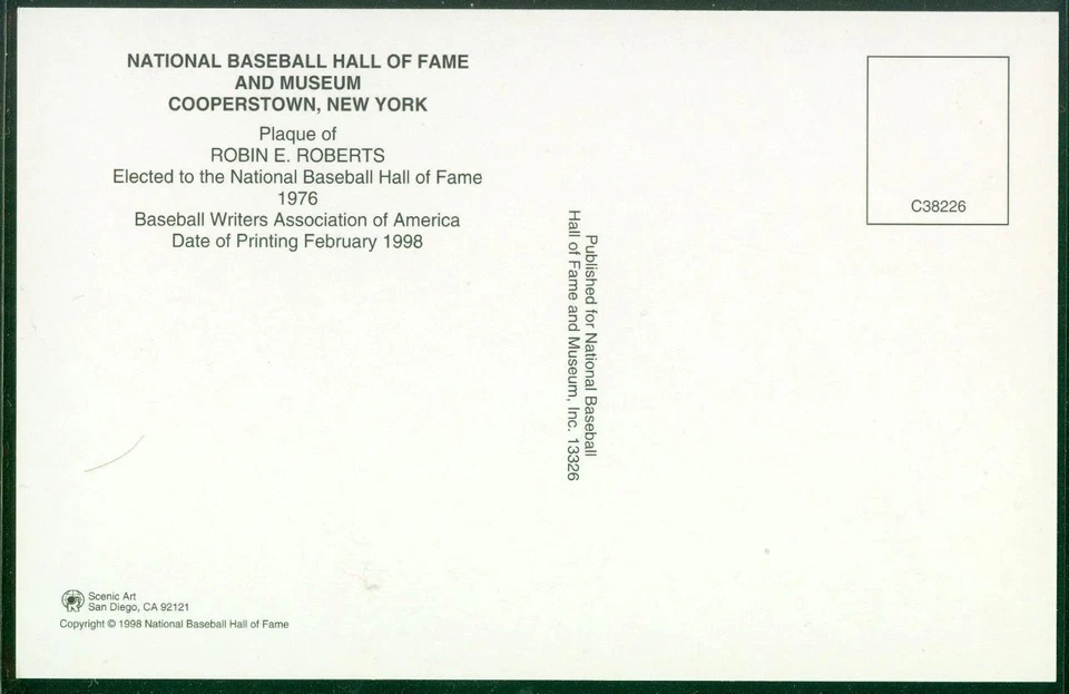 091, Original Autograph of Robin Roberts (1), HOF Plaque Postcard, Phillies - Image 2 of 3