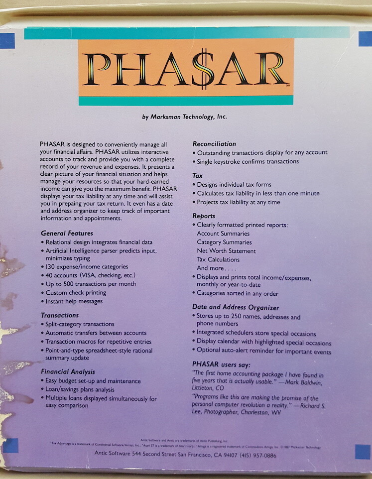 как выглядит Phasar Pha ar v3.0 Professional Home Accounting Register 1987 Commodore Amiga фото
