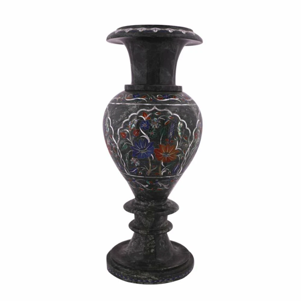 15" Green Marble Flower Vase With Inlaid Gemstones