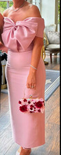 Rosies Closet Women’s Pink Satin Off-Shoulder Bow Ruched Midi Pencil Dress 10