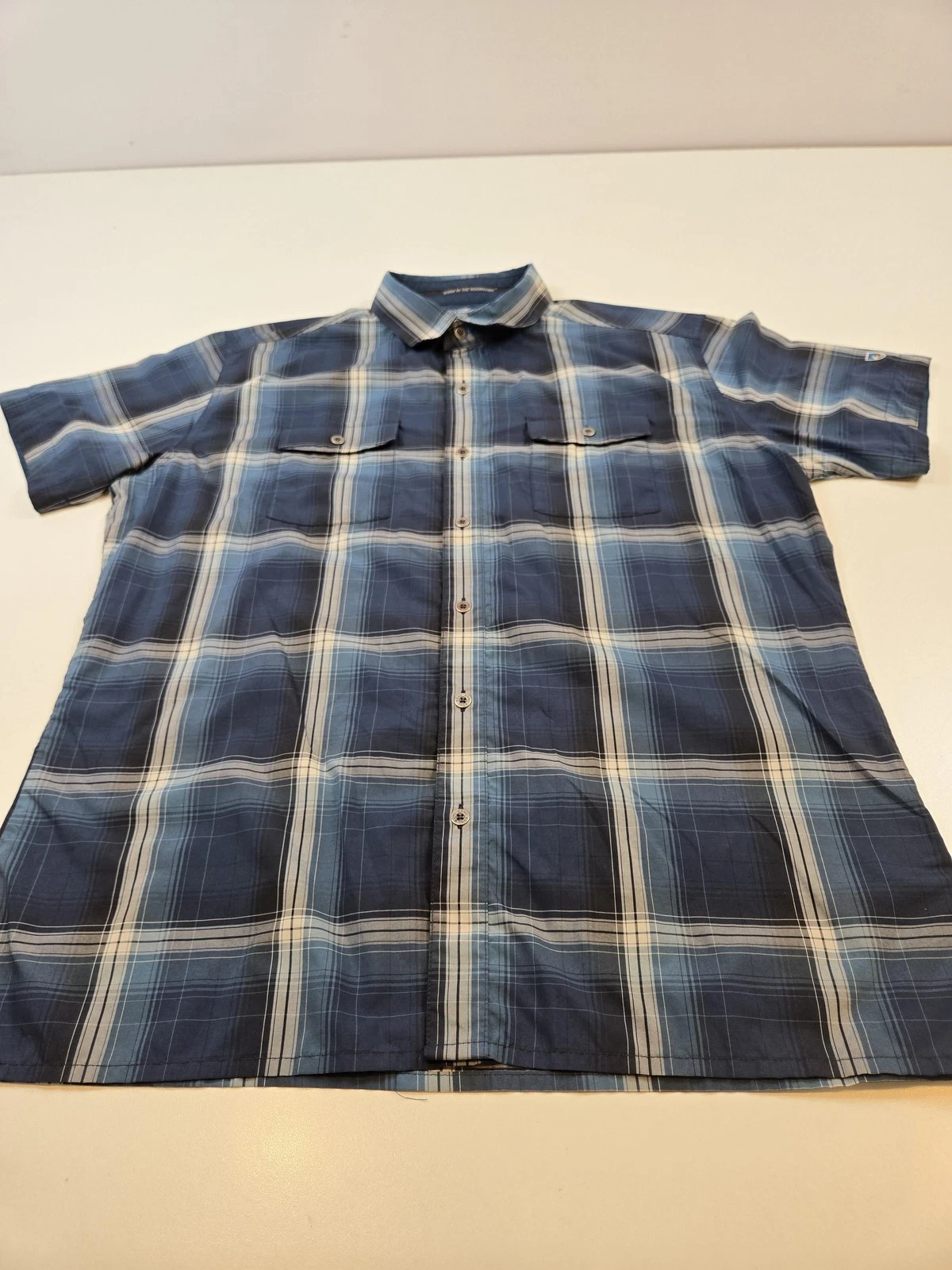 Kuhl Response Shirt Mens Large Blue Plaid Short Sleeve Button Front Hiking Trail