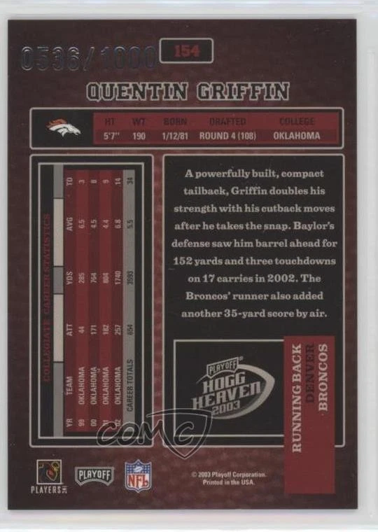 2003 Playoff Hogg Heaven Rookie /1000 Quentin Griffin #154 Rookie RC - Image 2 of 2