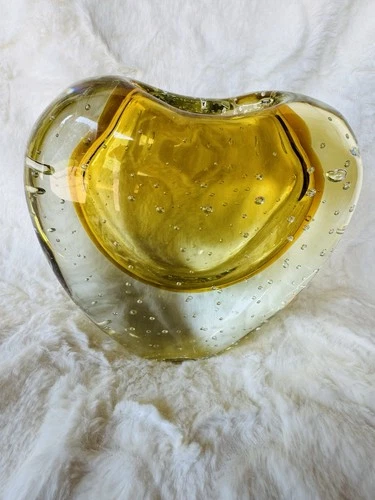 Estate Vintage Murano Amber Sommerso Art Glass Bullicante Heart Bud Vase 6”