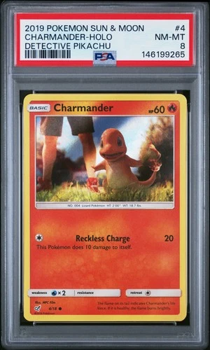 2019 POKEMON SUN & MOON DETECTIVE PIKACHU #4 CHARMANDER-HOLO PSA 8