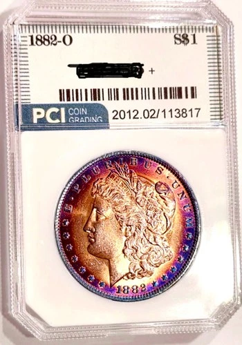 1882-O Rare Date Gem BU + Album Rainbow Color Toned Morgan Dollar