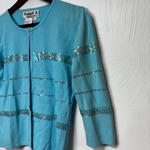 Cardigan maglione vintage Joseph A. bambino blu paillettes righe anni 90 donna carino Y2K - Foto 2 di 5