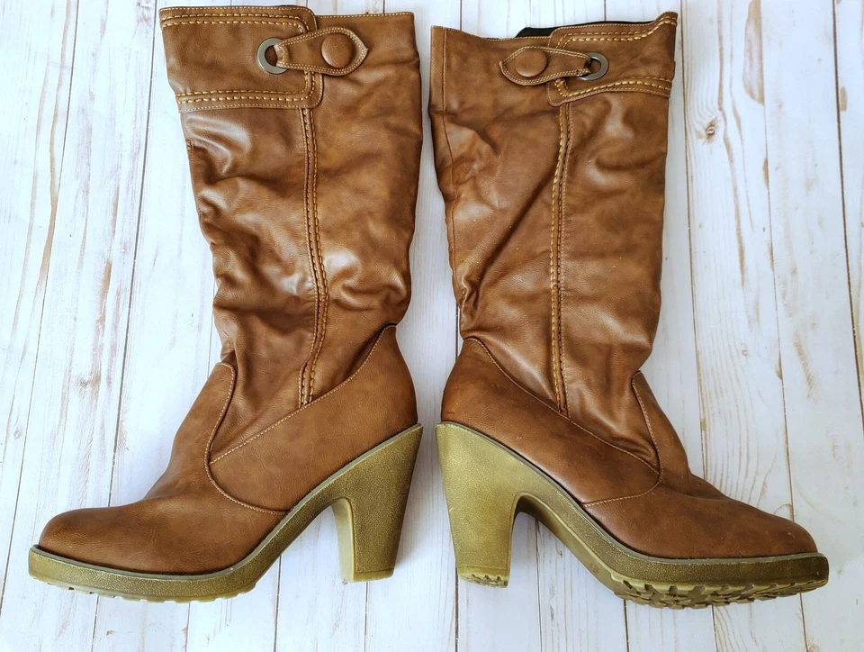 Botas Andres Machado Mujer Talla 44 EE. UU. 12 Marrón Camel Imitación Cuero Hasta la Rodilla Foto 2 de 3