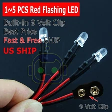 1~5 Pre Wired 5mm LED 9 Volt Red Flashing On Snap 9V Battery Clip Blink Flashing