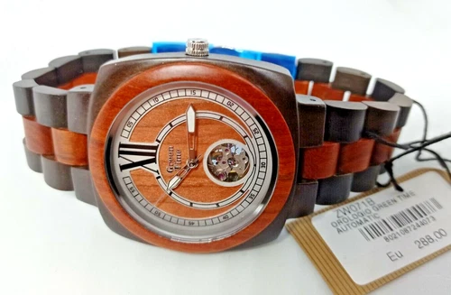 Automatic Watch Men's Wood Green Time Openworked Movement 21 Rubies, 42mm
