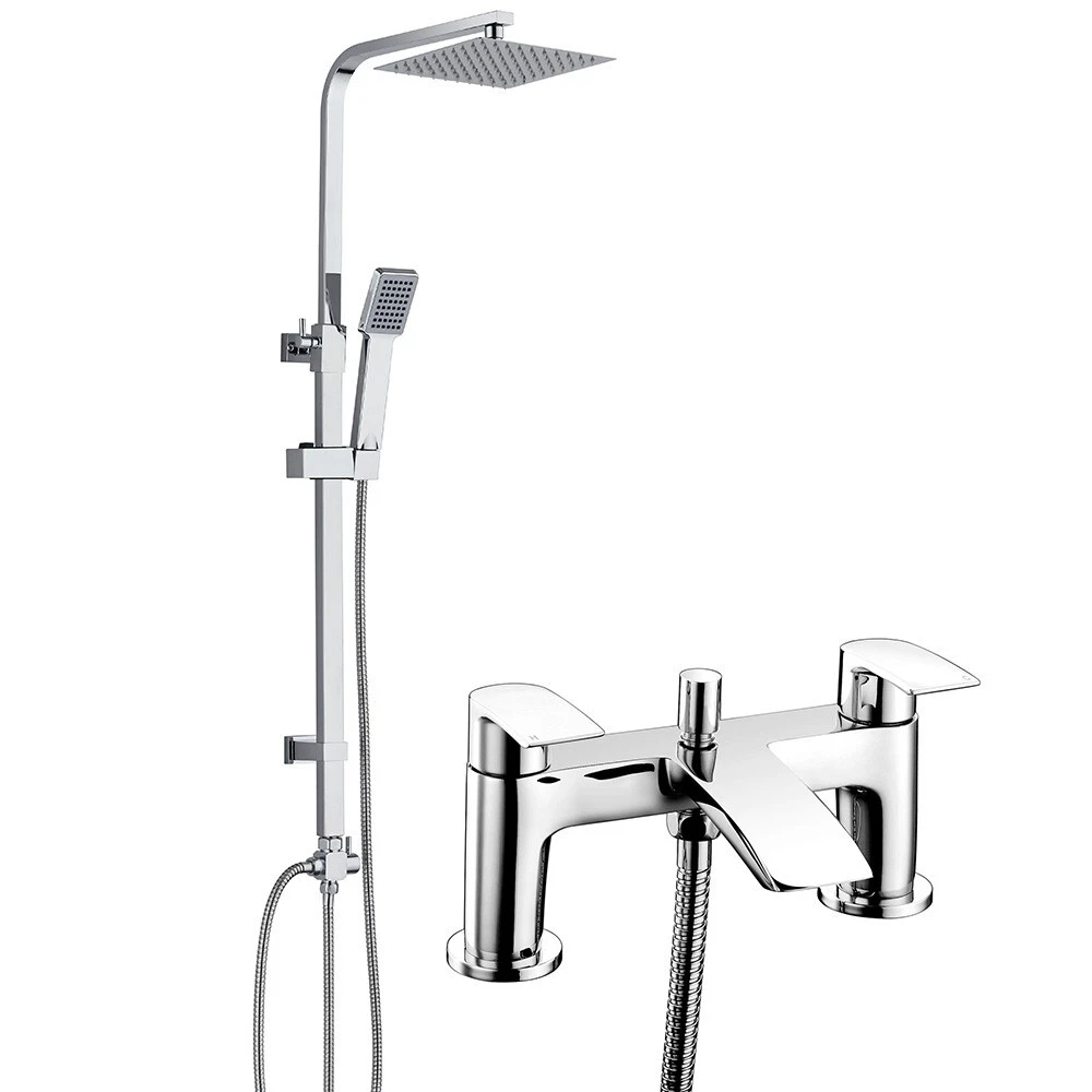 Bath Shower Mixer Tap With Square Modern 3 Way Rigid Riser Rail Kit Waterfall