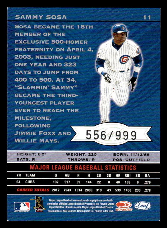 Sammy Sosa 2004 Leaf Limited #11 Previews #/999 - Image 2 of 2