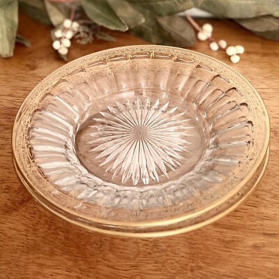 Vintage Heisey Clear Glass Plate Set Of 2 Starburst Pattern & Gold