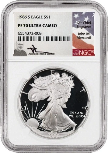 1986 S $1 Proof Silver American Eagle NGC PF70 UC John Mercanti Signature