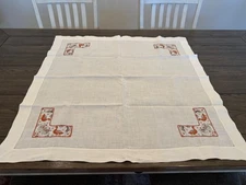 Vintage Art Deco Linen Tablecloth Hand Embroidered Sphinx and Geese
