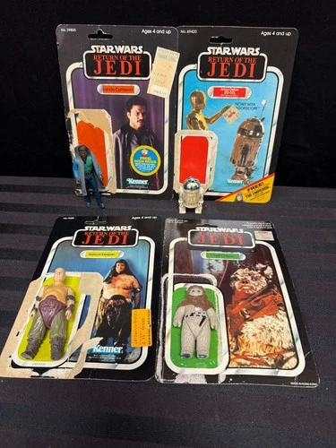 Lot of 4 Vintage Star Wars ROTJ Figurines with Cardbacks R2D2, Lando, Chirpa etc