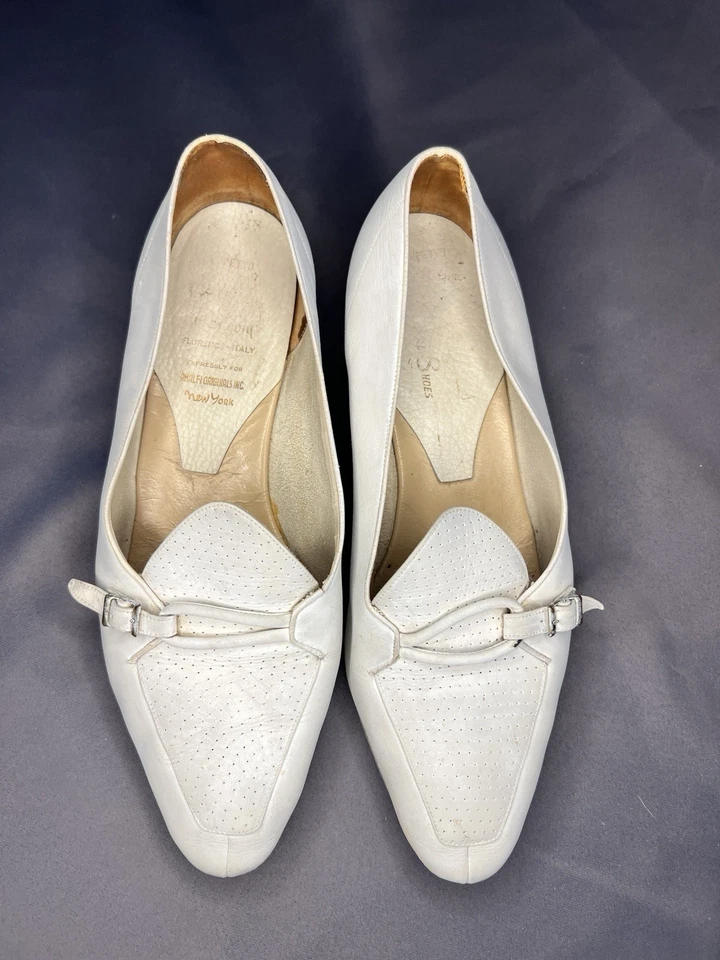 Zapatos Italianos Artesanales De Colección 7.5 Amalfi Originales Mocasines Cuero Blanco Hebilla Foto 2 de 4