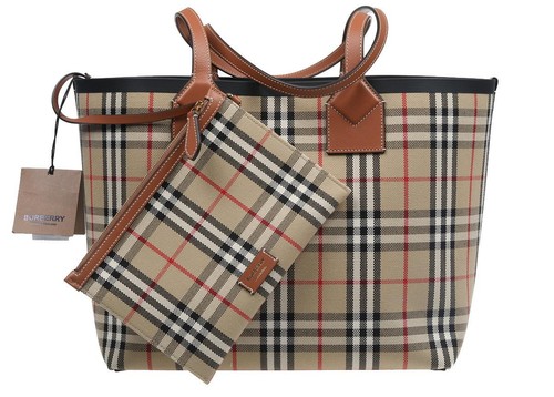 NEW BURBERRY LADIES BRIAR BROWN CECK TOTE BAG W/ZIPPED POUCH