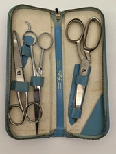 Vintage Griffon Scissor Set Japan Blue Leather Case Incomplete
