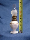 Miniature Milk Glass Oil Lamp Frosted Chimney Gold Paint Embossed 7.5" Mini Vtg