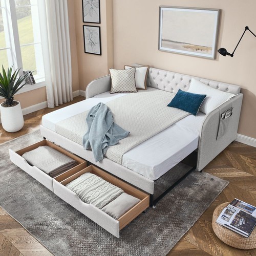 Twin Size Daybed with Extendable Trundle & 2 Storage Drawers ,Flat Arms ,Pocket - Picture 2 of 25