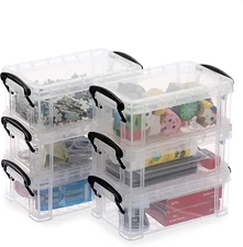 6 Pack Small Clear Plastic Storage Box with Lid Mini Sewing Box Organizer with B