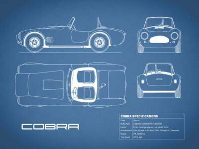 Poster - AC Shelby Cobra Blueprint, Classic Car Retro Modern Patent, 4 Sizes