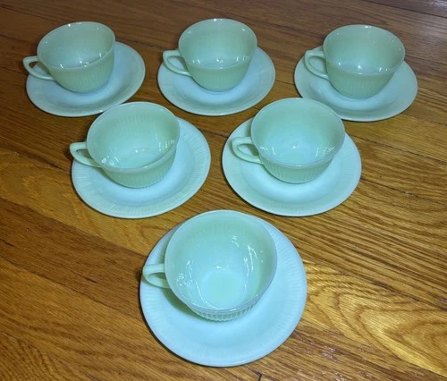 Set of 6 Fire King Oven Ware Jadeite Jane Ray Ribbed Coffee Tea Cups And Saucers