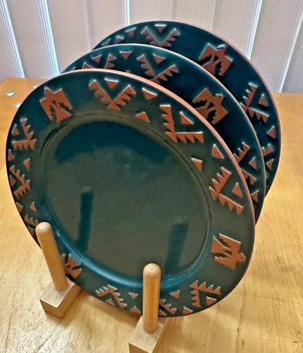 Frankoma Thunderbird design Forest GREEN lot of 3 Salad Plates Pottery