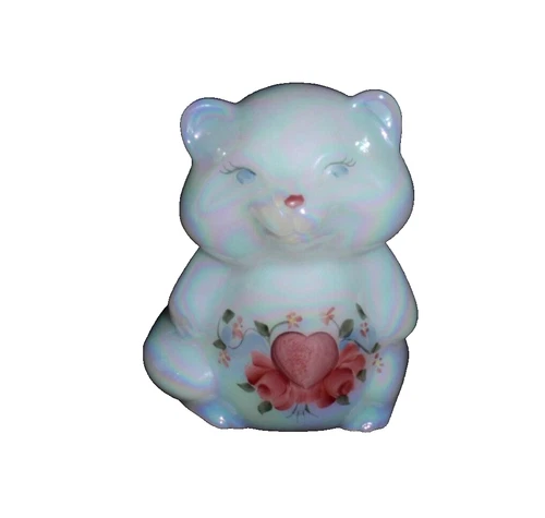 Fenton Hand Painted Heart and Flowers Pearlized Opal White Raccoon Figurine 1993
