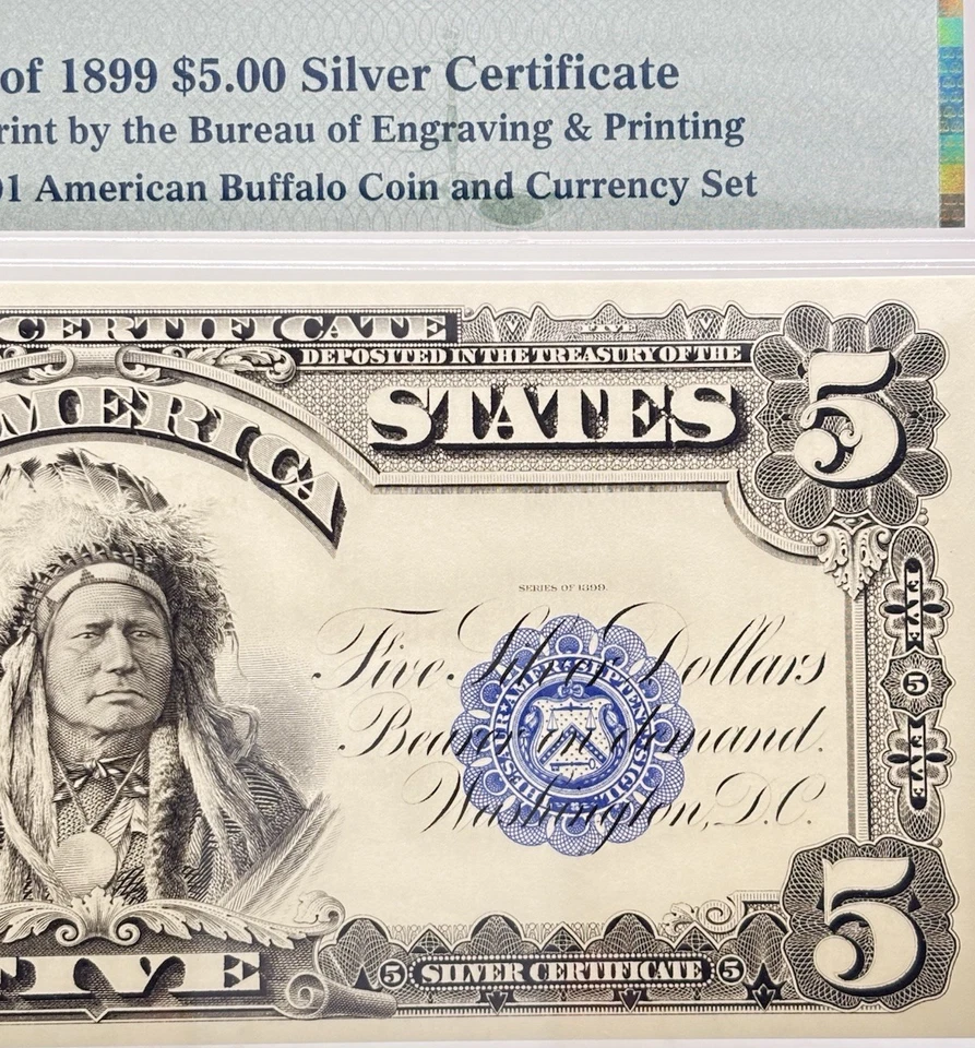 1899 $5 Silver Certificate Official Reprint Indian Chief Note PMG #14592 - Image 2 of 4