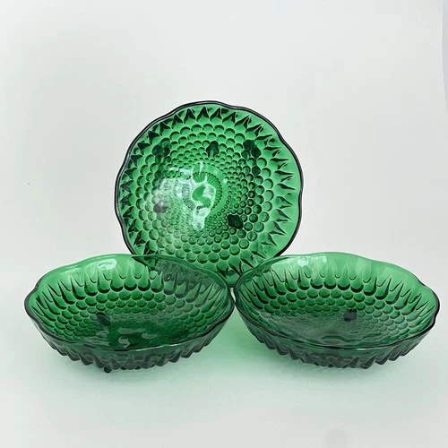3 Vintage Anchor Hocking 3 Footed Emerald Green Hobnail Glass Candy Dish Bowl