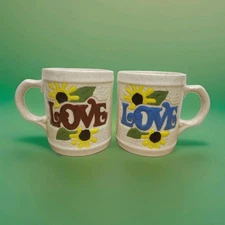 1970s Vtg Handmade Ceramic Love Coffee Mug Sunflower Speckled Planter AS IS