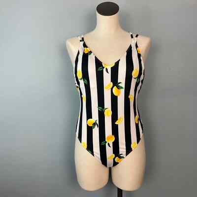 No Boundaries Lemons Black White Striped One Piece Swimsuit